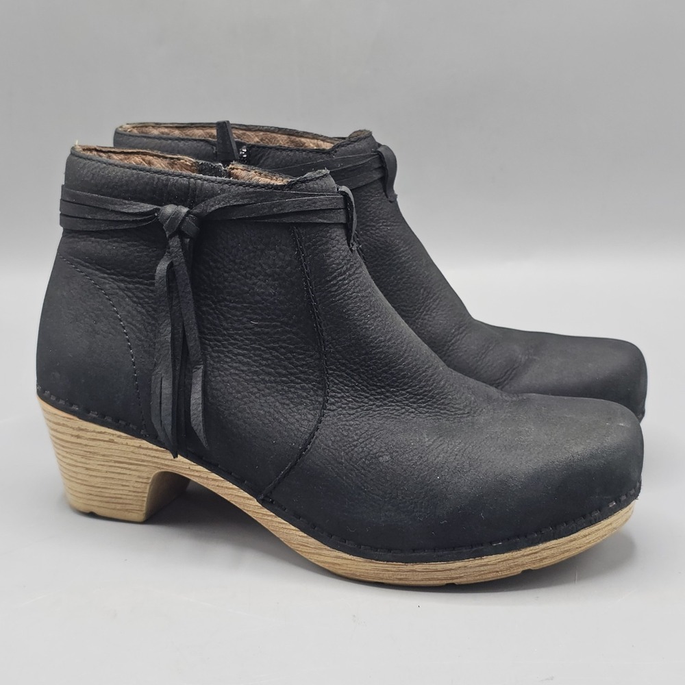 Dansko Black Leather Clog Ankle Booties Boots Women's 7 Side Zip Fringe Tassle